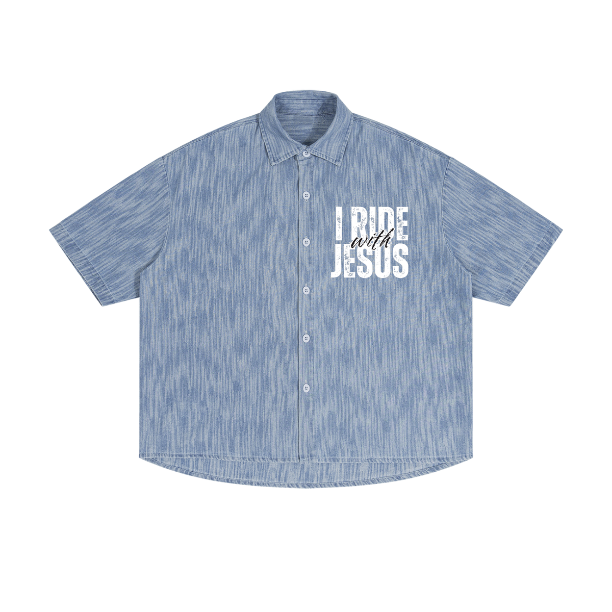 “I Will Preach the Gospel” Unisex Boxy Vintage Wash Denim Shirt