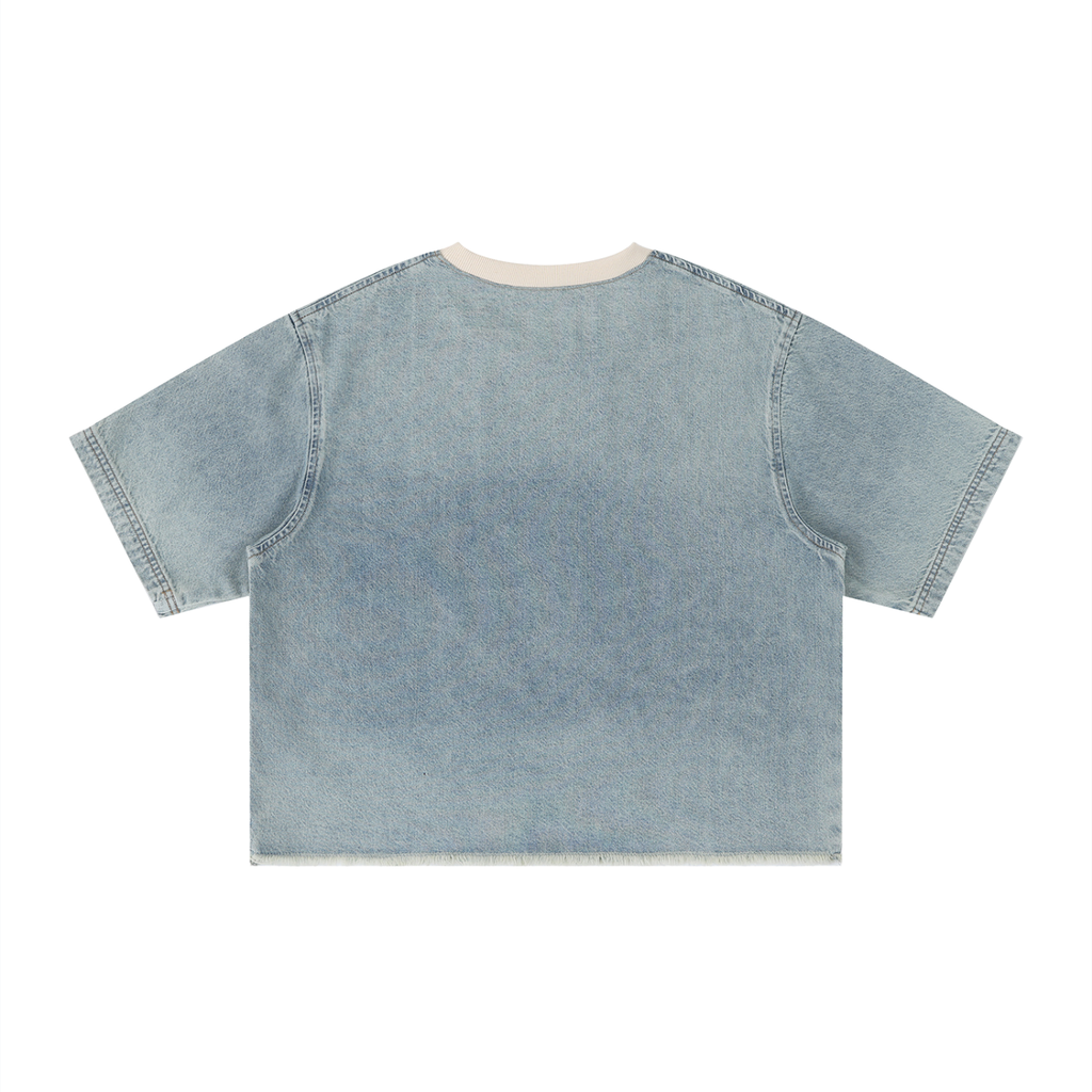 ME AT CHURCH, EVERYBODY GETS A HUG — Unisex Vintage Wash Boxy Raw Hem Denim T-Shirt