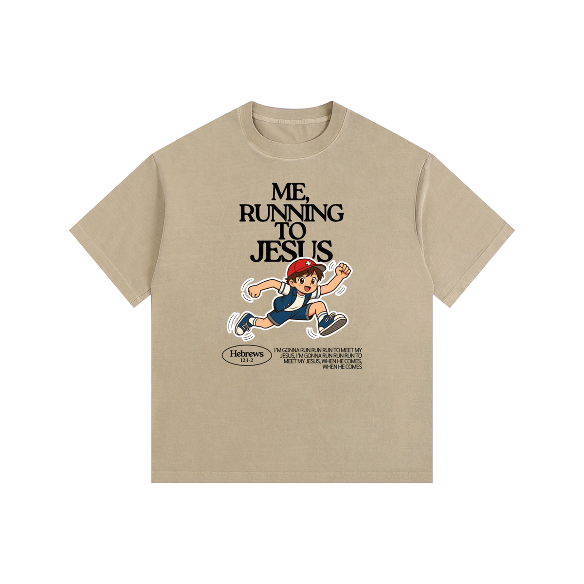 "Me, Running to Jesus" Men's Vintage Washed Oversized Cotton T-Shirt | Black Text & Anime Boy