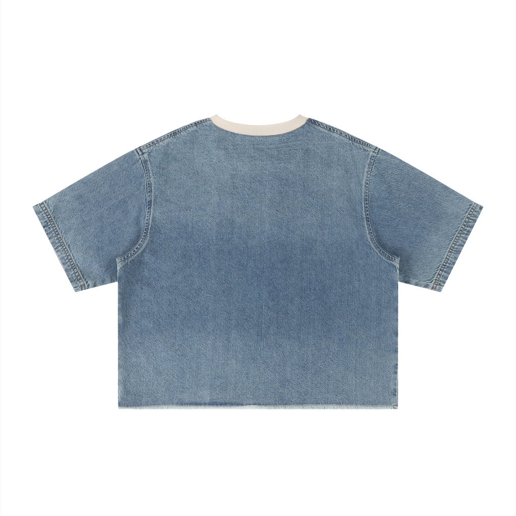 ME AT CHURCH, EVERYBODY GETS A HUG — Unisex Vintage Wash Boxy Raw Hem Denim T-Shirt