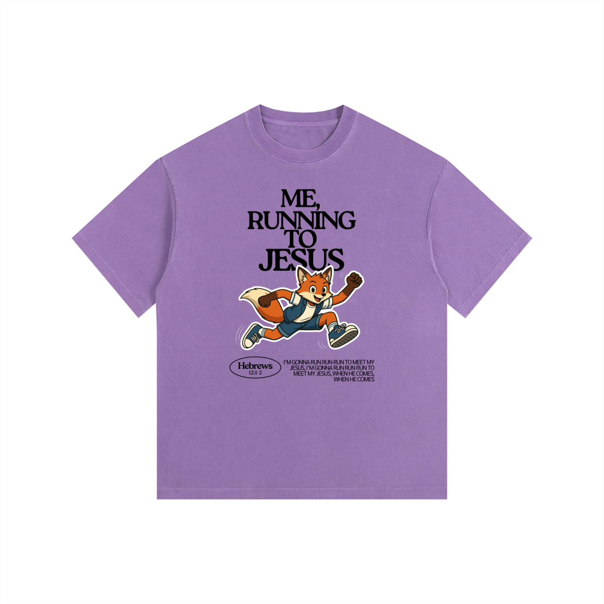 "Me, Running to Jesus" Men's Vintage Washed Oversized Cotton T-Shirt | Black Text & Fox |  Boy