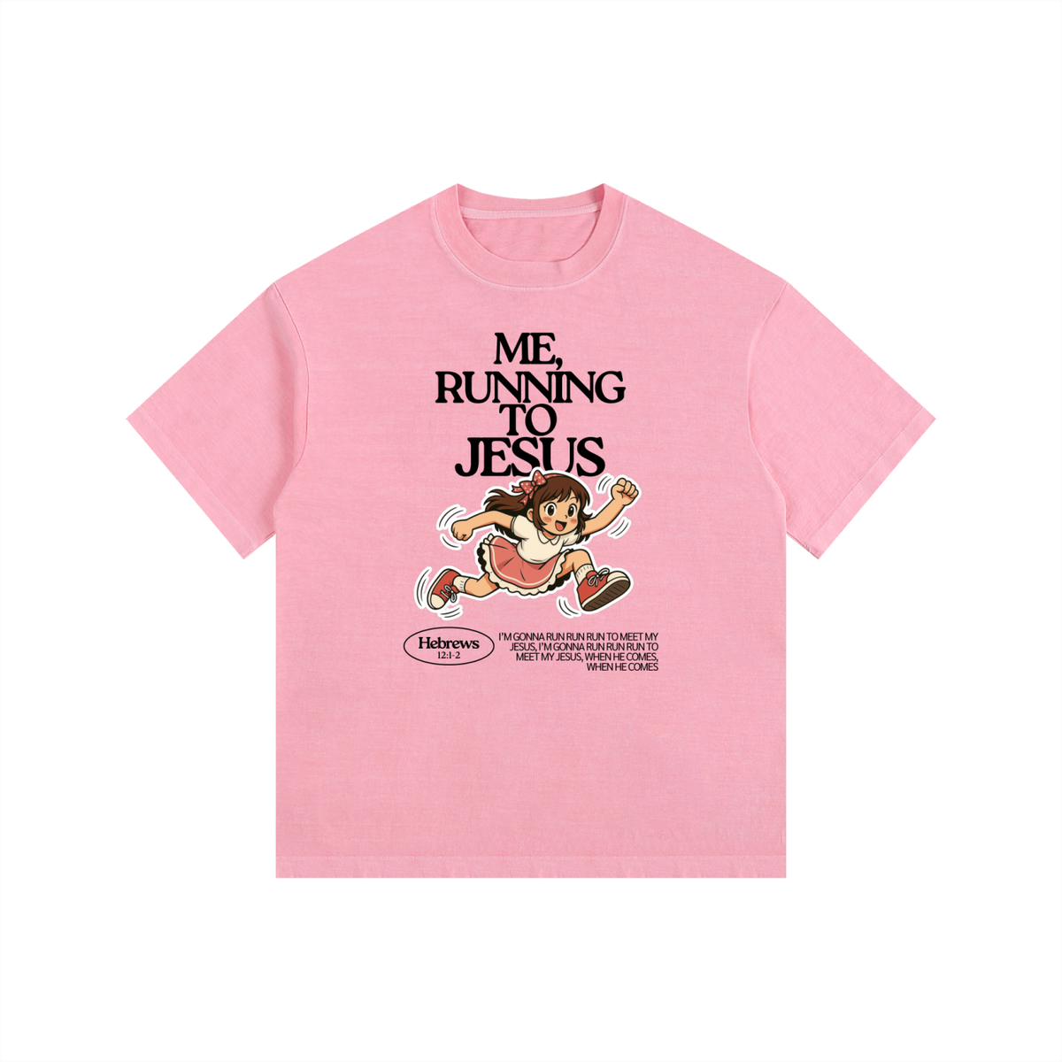 "Me, Running to Jesus" Women's Vintage Washed Oversized Cotton T-Shirt | Black Text & Anime Girl