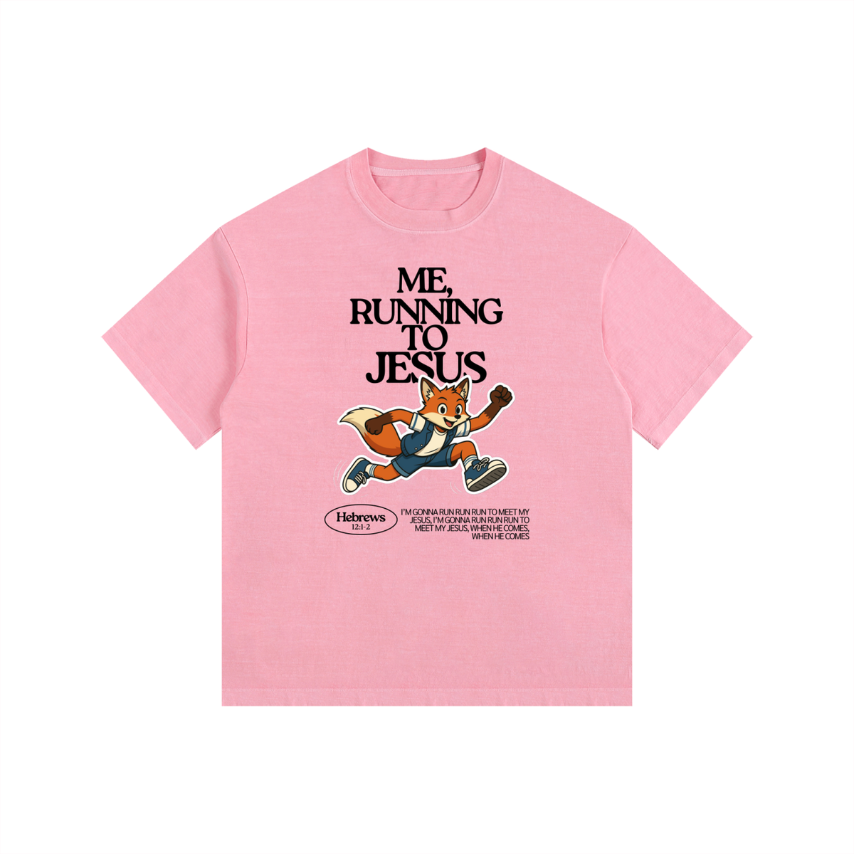 "Me, Running to Jesus" Men's Vintage Washed Oversized Cotton T-Shirt | Black Text & Fox |  Boy