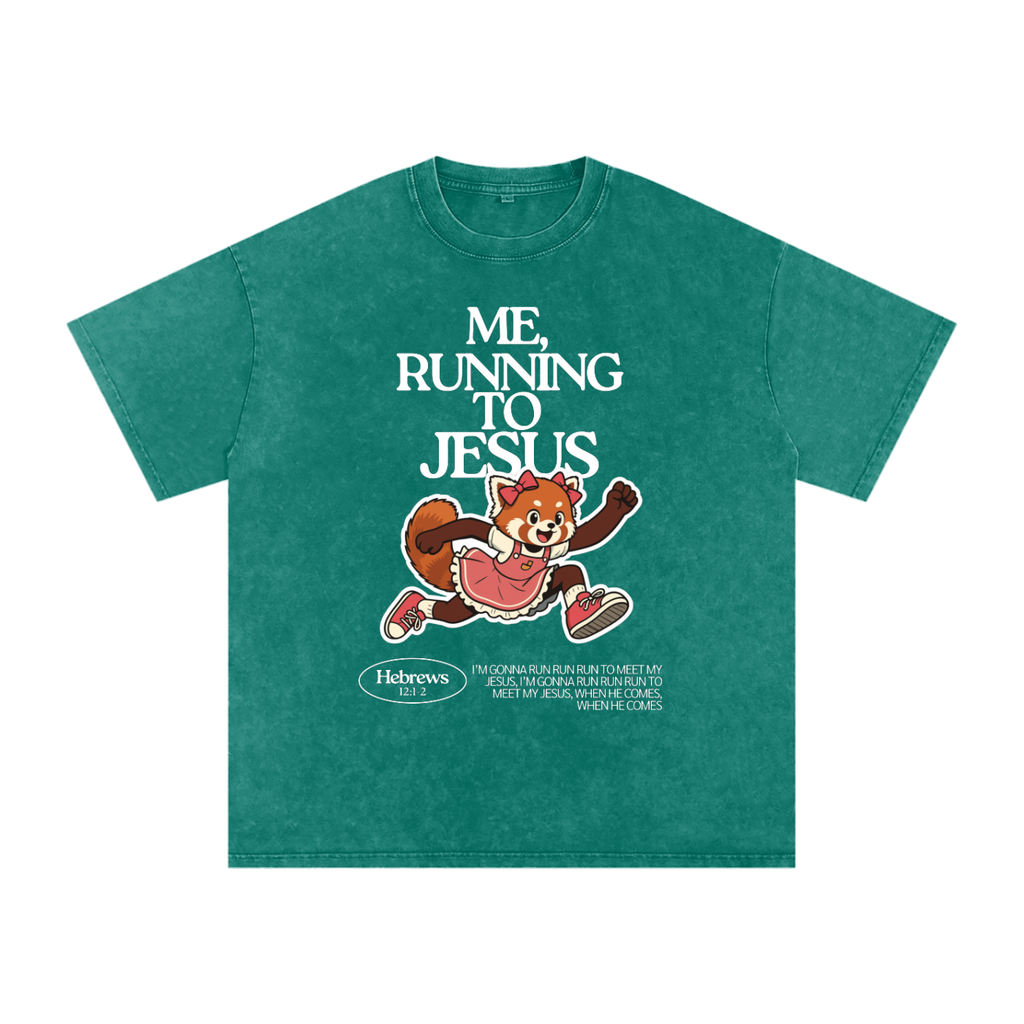 "Me, Running to Jesus" Women's Snow Washed Oversized T-Shirt | White Text & Red Panda | Girl