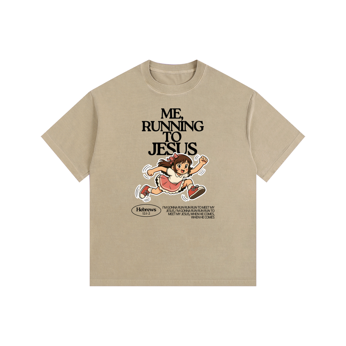 "Me, Running to Jesus" Women's Vintage Washed Oversized Cotton T-Shirt | Black Text & Anime Girl