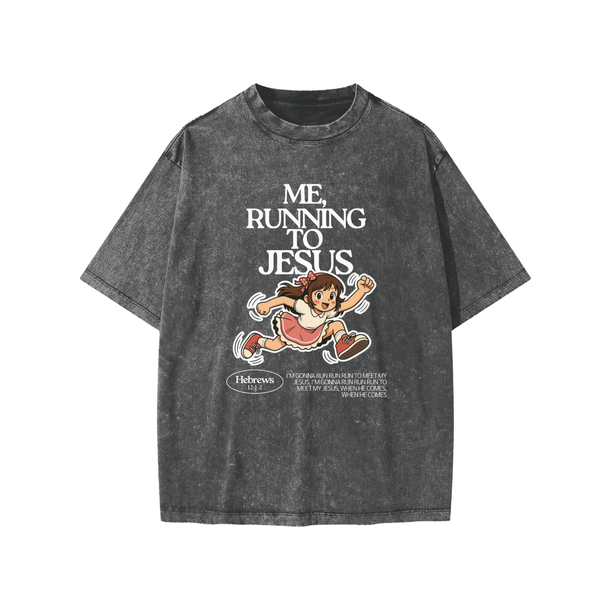 “Me, Running to Jesus” Girl's Snow Washed Kids’ T-Shirt | Anime Girl