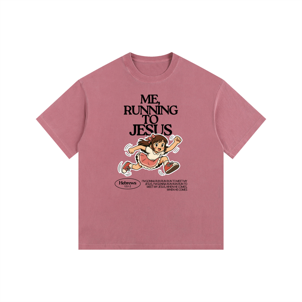 "Me, Running to Jesus" Women's Vintage Washed Oversized Cotton T-Shirt | Black Text & Anime Girl