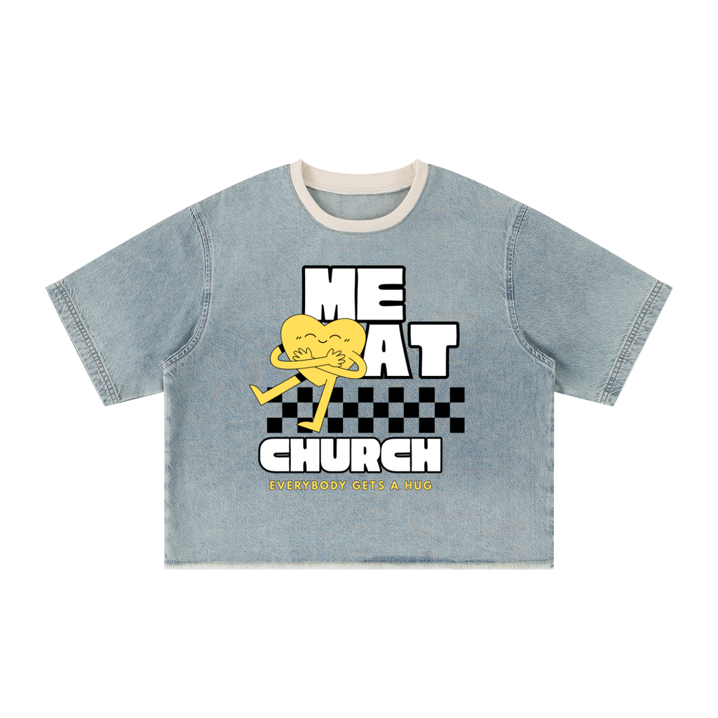 ME AT CHURCH, EVERYBODY GETS A HUG — Unisex Vintage Wash Boxy Raw Hem Denim T-Shirt