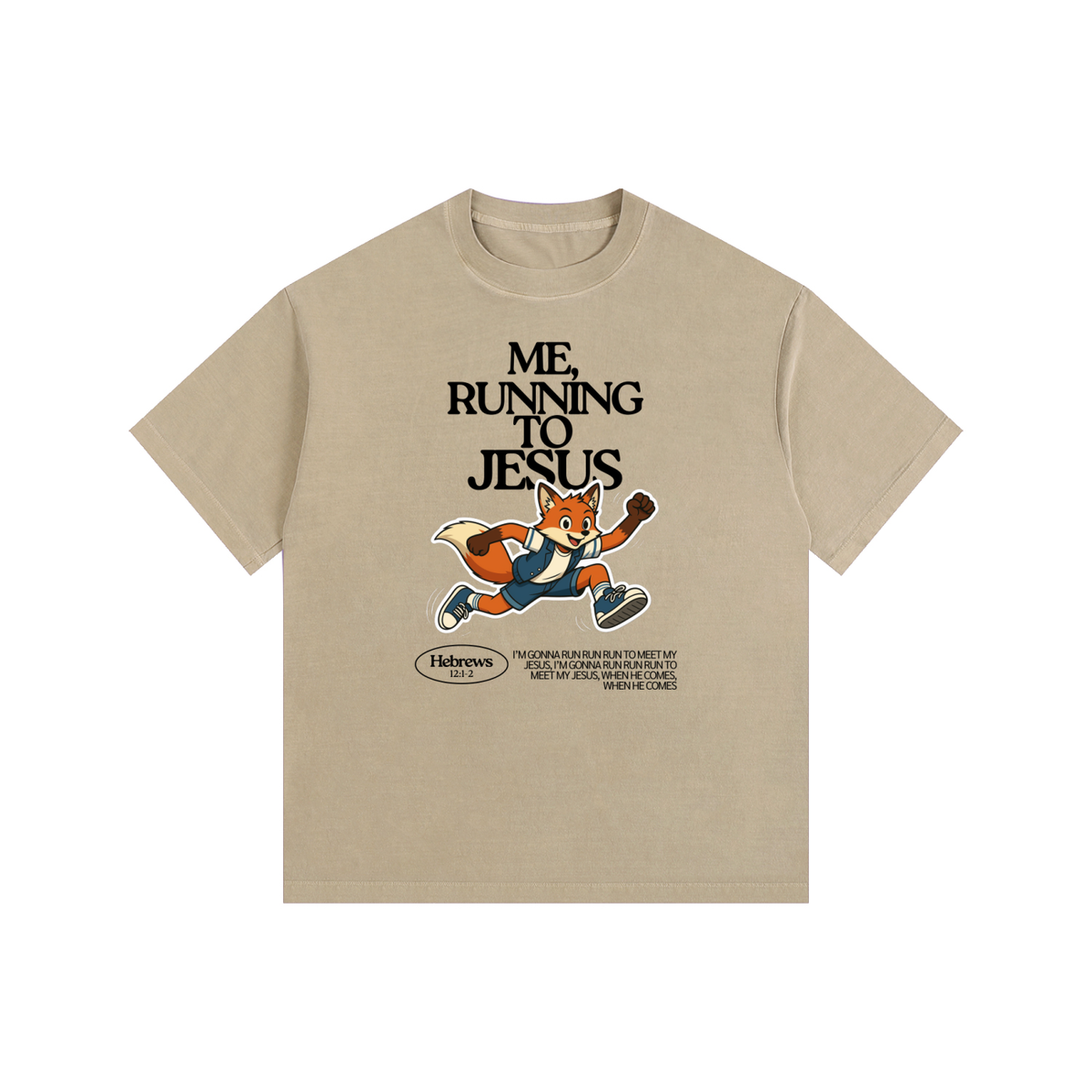"Me, Running to Jesus" Men's Vintage Washed Oversized Cotton T-Shirt | Black Text & Fox |  Boy