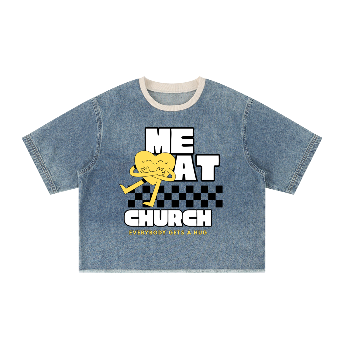 ME AT CHURCH, EVERYBODY GETS A HUG — Unisex Vintage Wash Boxy Raw Hem Denim T-Shirt