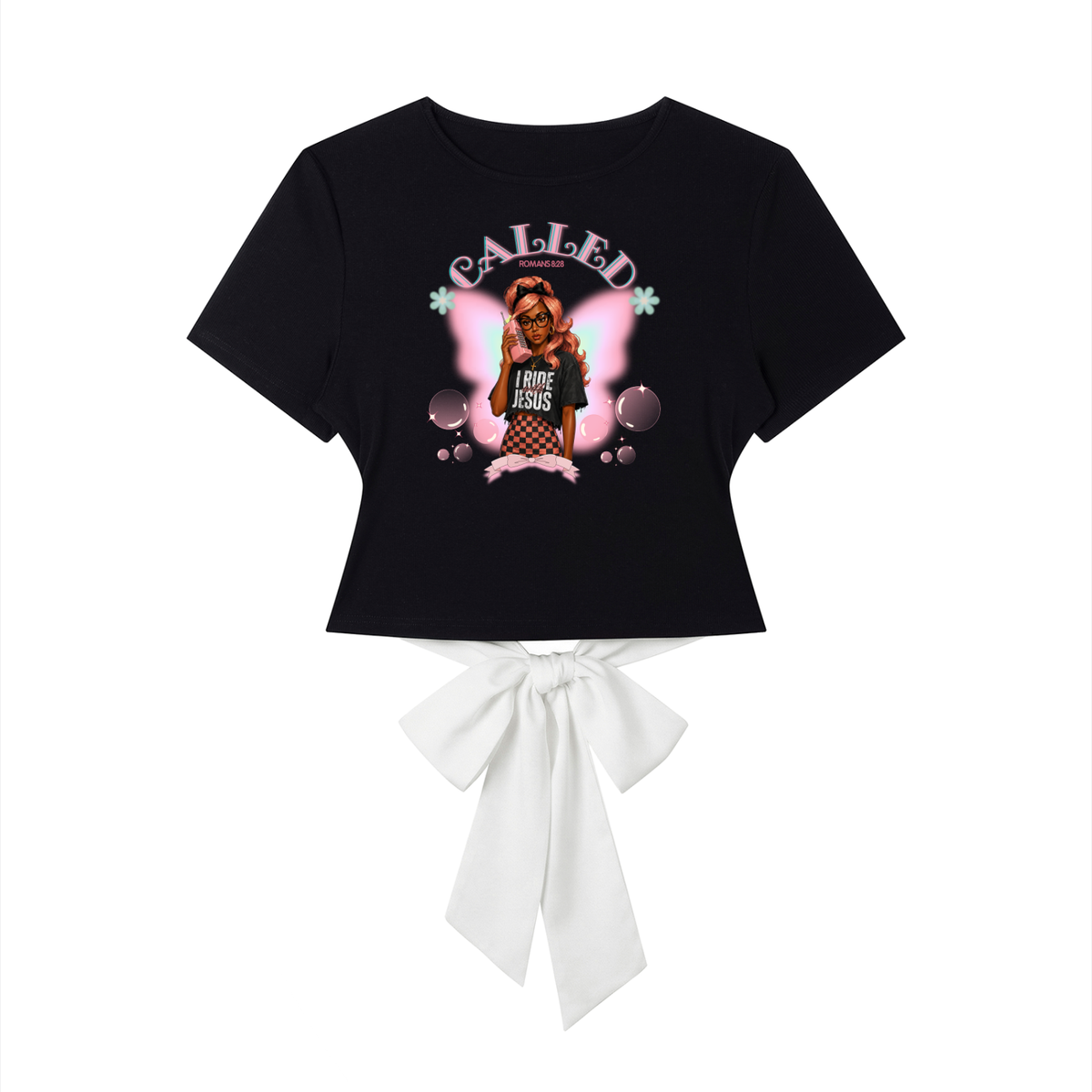 CALLED — Romans 8:28  Women’s Slim Fit Boatneck Bow-Back T-Shirt