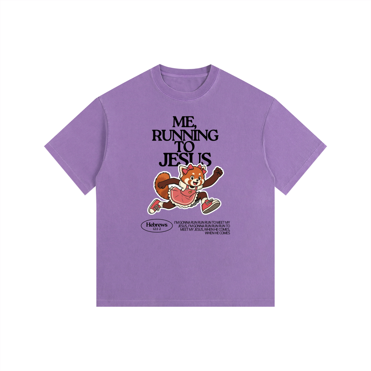"Me, Running to Jesus" Women's Vintage Washed Oversized Cotton T-Shirt | Black Text & Red Panda | Girl