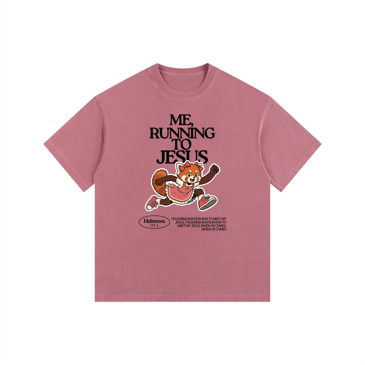 "Me, Running to Jesus" Women's Vintage Washed Oversized Cotton T-Shirt | Black Text & Red Panda | Girl