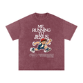 "Me, Running to Jesus" Men's Snow Washed Oversized T-Shirt | White Text & Anime Boy