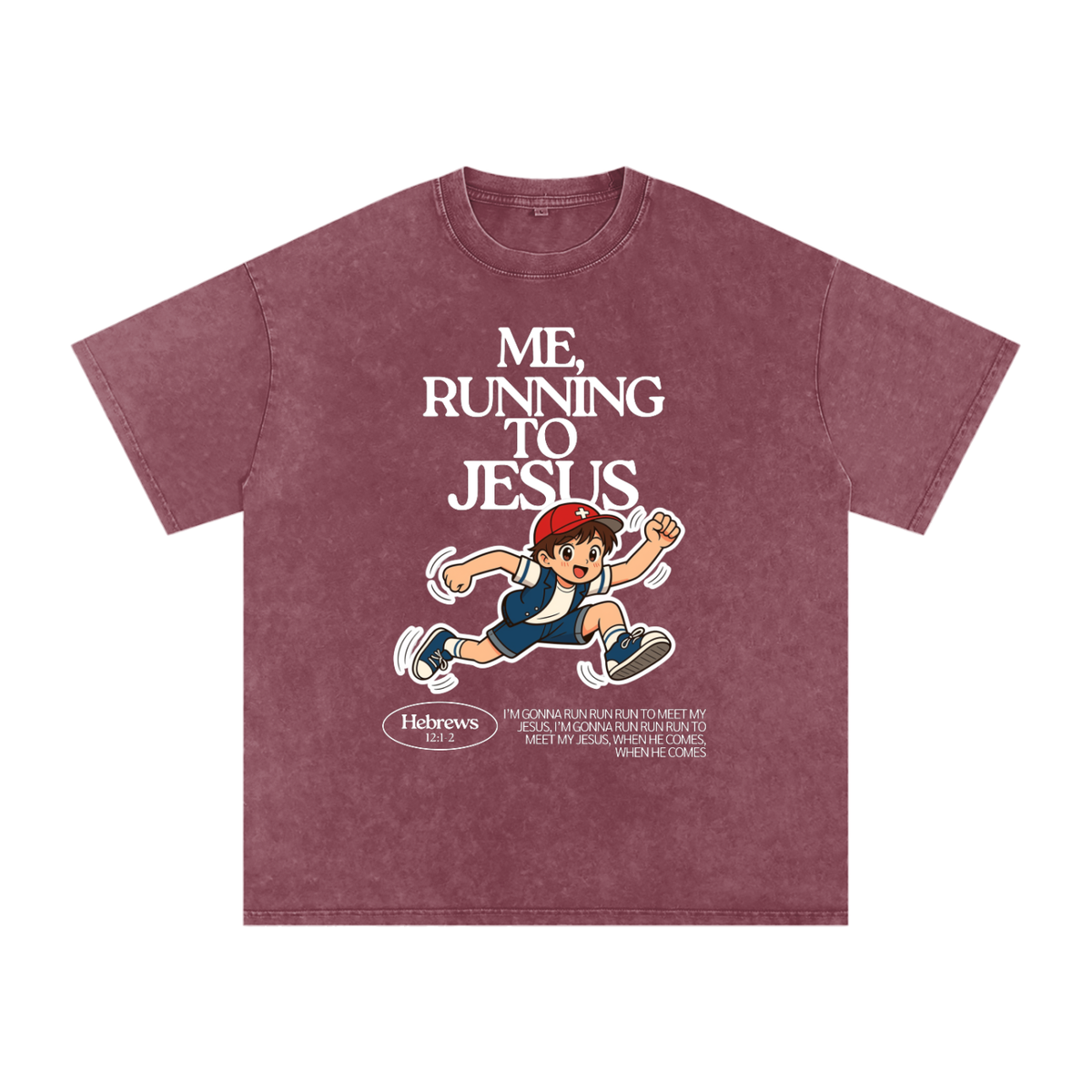 "Me, Running to Jesus" Men's Snow Washed Oversized T-Shirt | White Text & Anime Boy