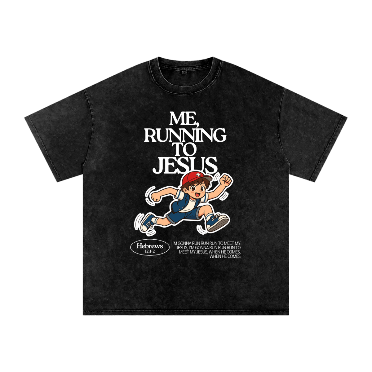 "Me, Running to Jesus" Men's Snow Washed Oversized T-Shirt | White Text & Anime Boy
