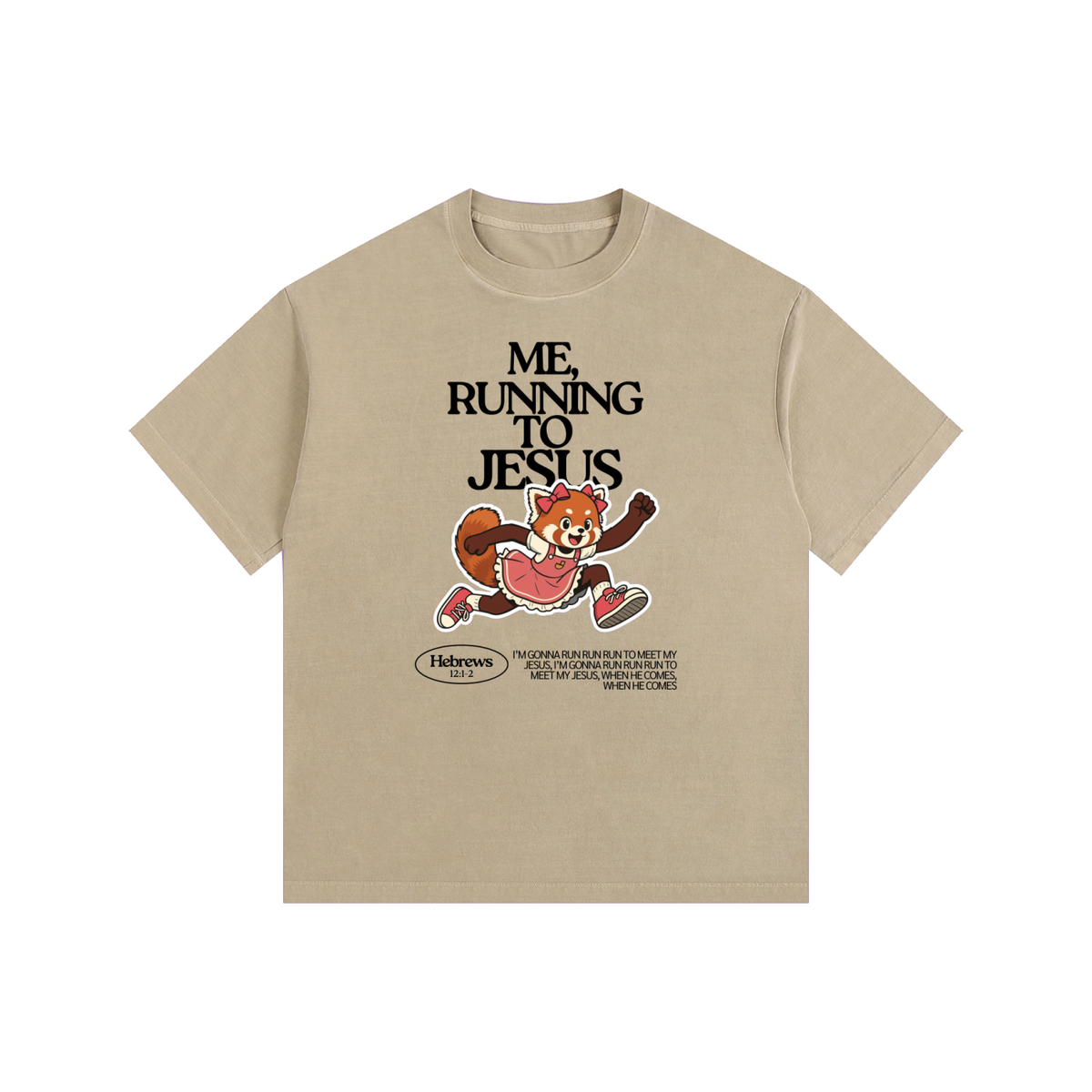 "Me, Running to Jesus" Women's Vintage Washed Oversized Cotton T-Shirt | Black Text & Red Panda | Girl