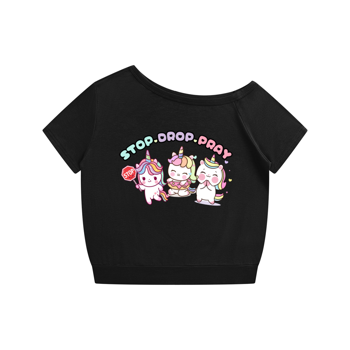 STOP. DROP. PRAY — Women's Off-the-Shoulder T-Shirt