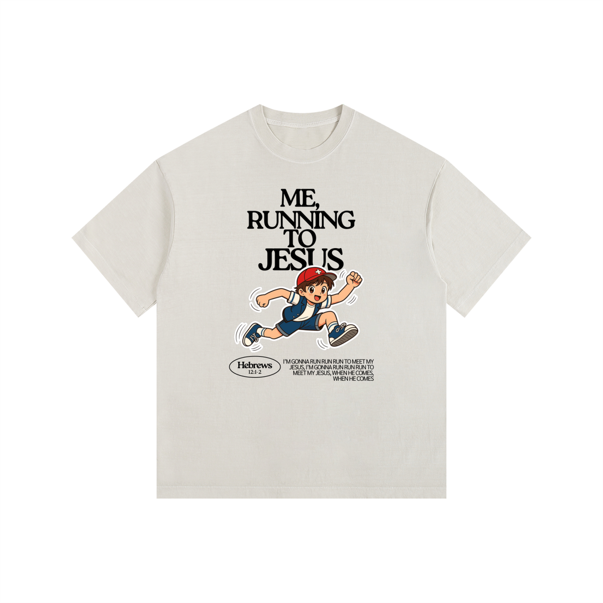 "Me, Running to Jesus" Men's Vintage Washed Oversized Cotton T-Shirt | Black Text & Anime Boy