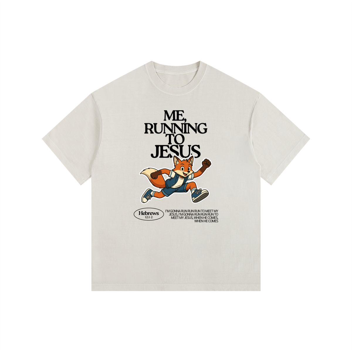 "Me, Running to Jesus" Men's Vintage Washed Oversized Cotton T-Shirt | Black Text & Fox |  Boy