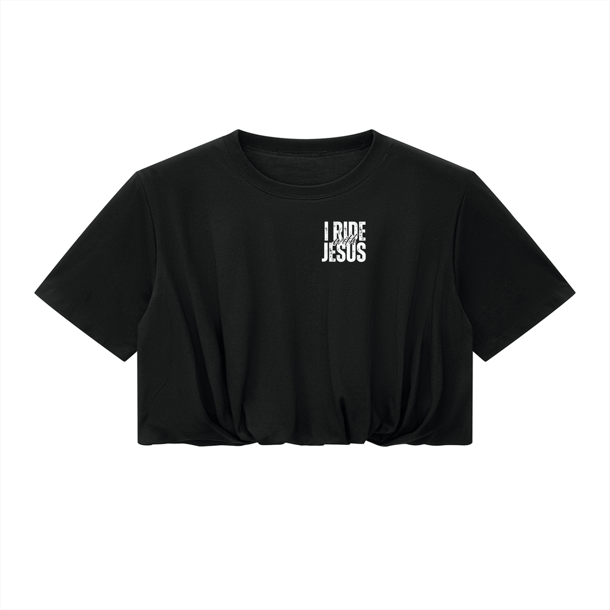 I RIDE WITH JESUS — Women’s Crop Bubble Hem T-Shirt