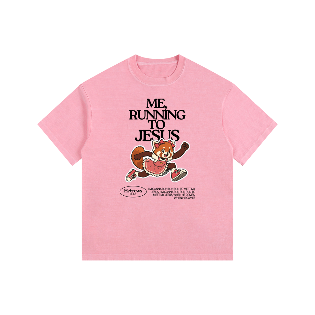 "Me, Running to Jesus" Women's Vintage Washed Oversized Cotton T-Shirt | Black Text & Red Panda | Girl