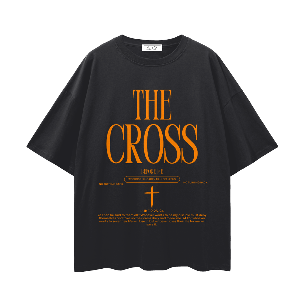 THE CROSS BEFORE ME, THE WORLD BEHIND ME—Streetwear Loose Drop Shoulder T-Shirt (Orange text)