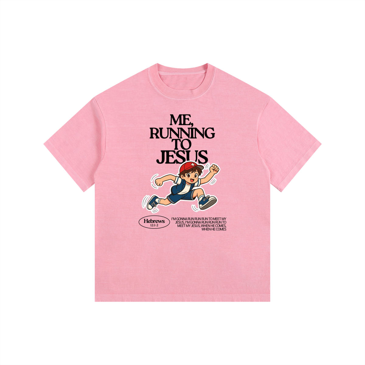 "Me, Running to Jesus" Men's Vintage Washed Oversized Cotton T-Shirt | Black Text & Anime Boy