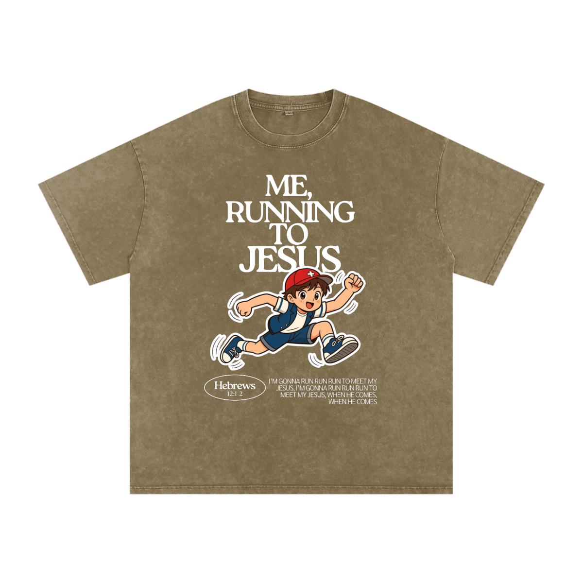 "Me, Running to Jesus" Men's Snow Washed Oversized T-Shirt | White Text & Anime Boy