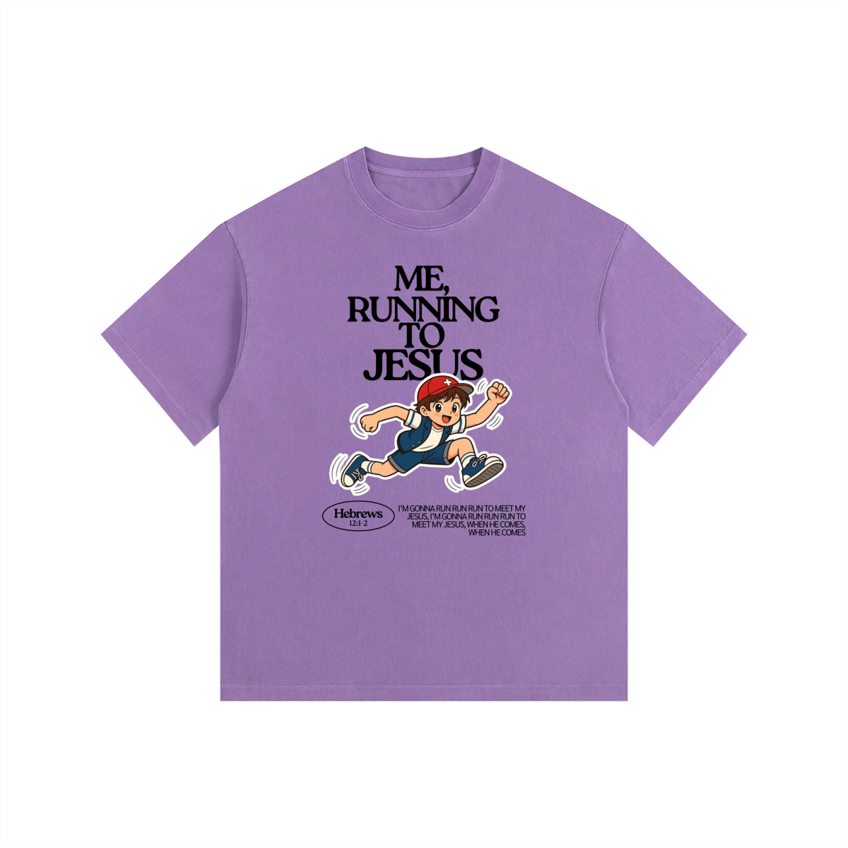 "Me, Running to Jesus" Men's Vintage Washed Oversized Cotton T-Shirt | Black Text & Anime Boy