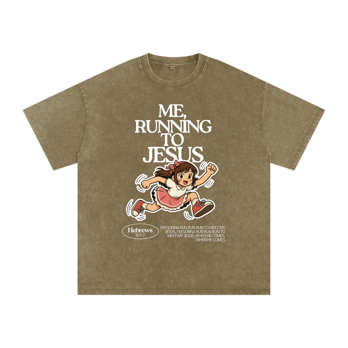 "Me, Running to Jesus" Women's Snow Washed Oversized T-Shirt | White Text & Anime Girl