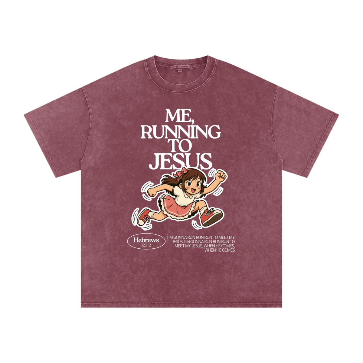 "Me, Running to Jesus" Women's Snow Washed Oversized T-Shirt | White Text & Anime Girl