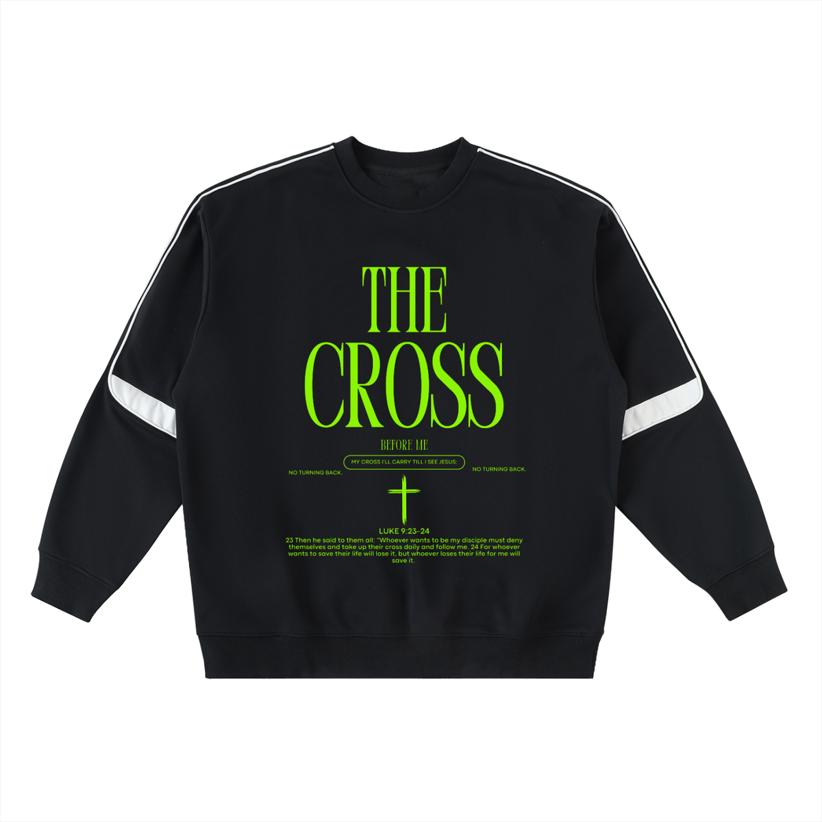 THE CROSS BEFORE ME, THE WORLD BEHIND ME - Green accent - Oversized Crewneck Taped Sweatshirt
