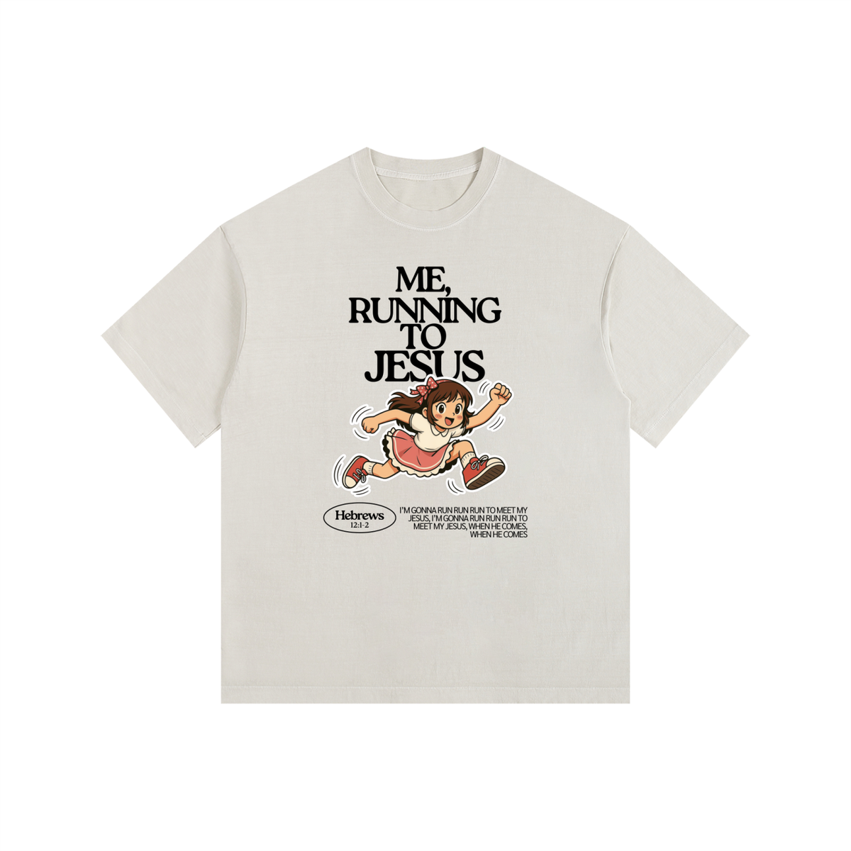 "Me, Running to Jesus" Women's Vintage Washed Oversized Cotton T-Shirt | Black Text & Anime Girl