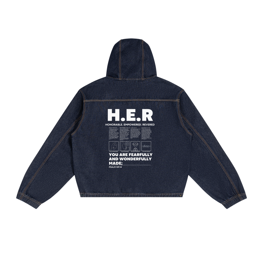 H.E.R. — A Disciple of Christ | Women’s Boxy Vintage Wash Hooded Denim Jacket
